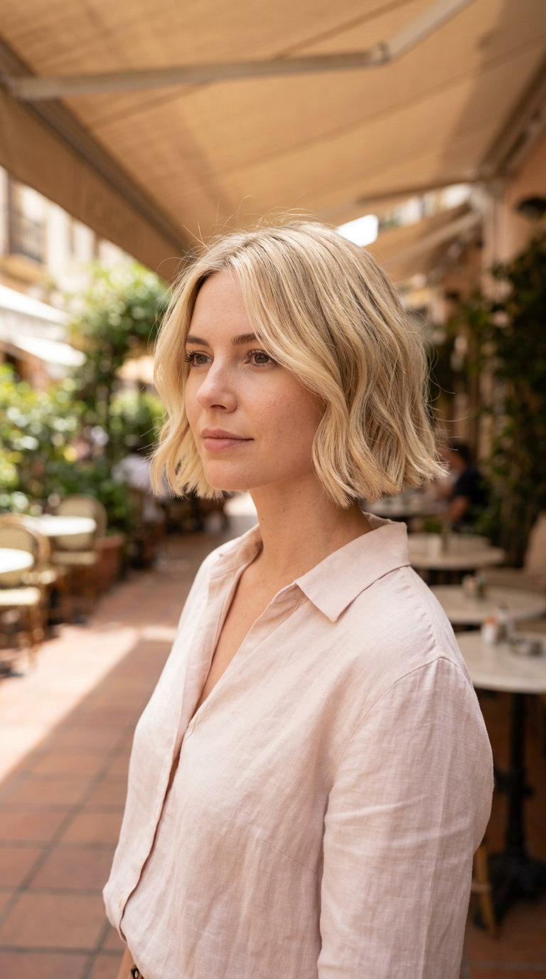 short french bob haircut with buttercream blonde color, babylights and vanilla root for effortless look