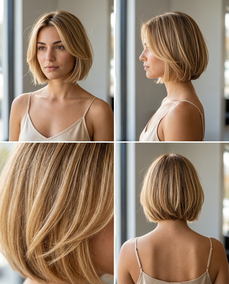 short french bob haircut with buttercream blonde color, honey balayage and soft root for beachy look