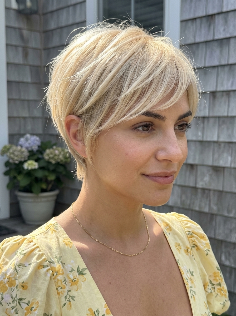 short pixie haircut in buttercream blonde with pale gold babylights, textured layers, and wispy fringe for playful look