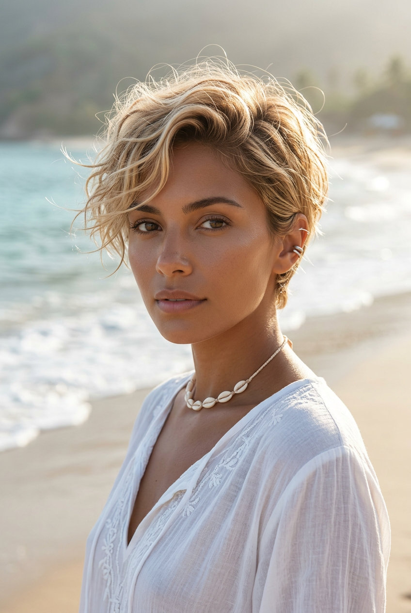 short pixie haircut with buttercream blonde color, sea salt waves, and playful mood for summer