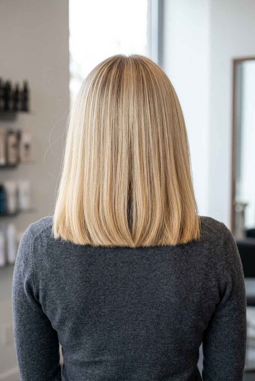 shoulder-length blunt honey blonde lob with natural root and subtle gloss for chic look