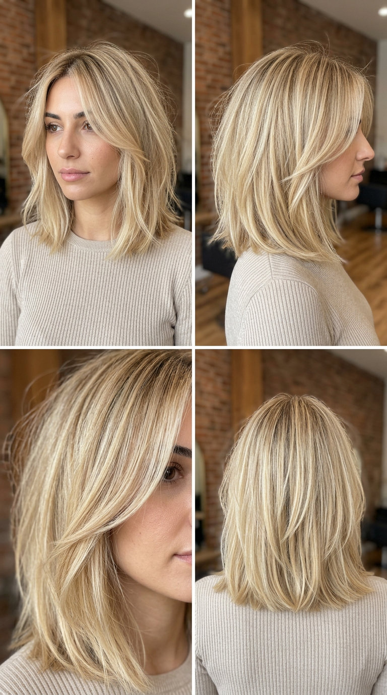 shoulder-length lob with buttercream blonde balayage, wispy face-framing for effortless look