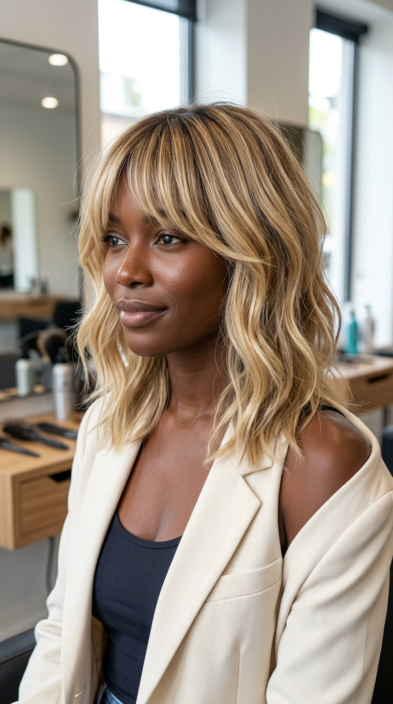 shoulder-length buttercream blonde layered shag with honey highlights and curtain bangs