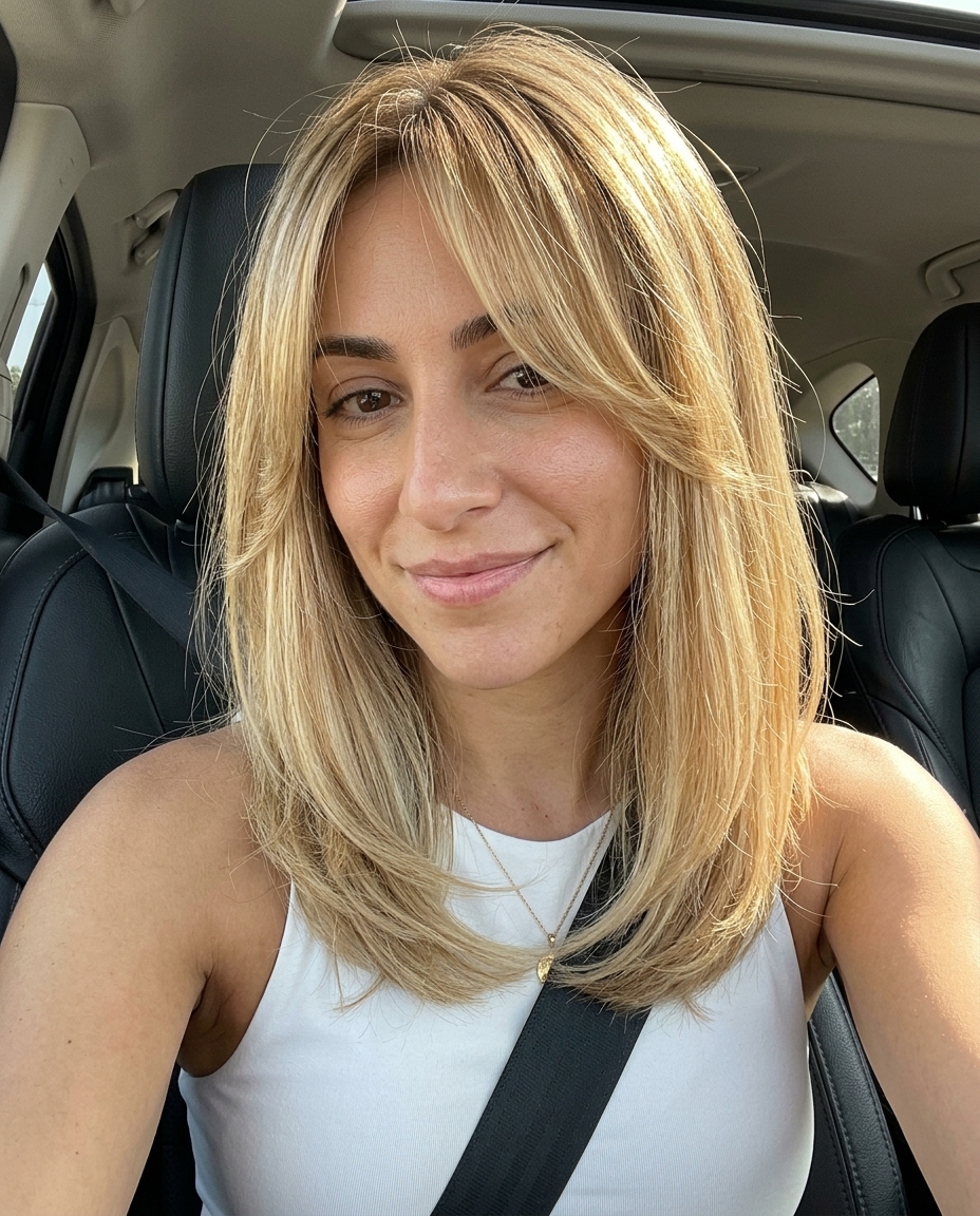 shoulder length buttercream blonde lob with honey lowlights, soft layers, swept curtain bangs — radiant