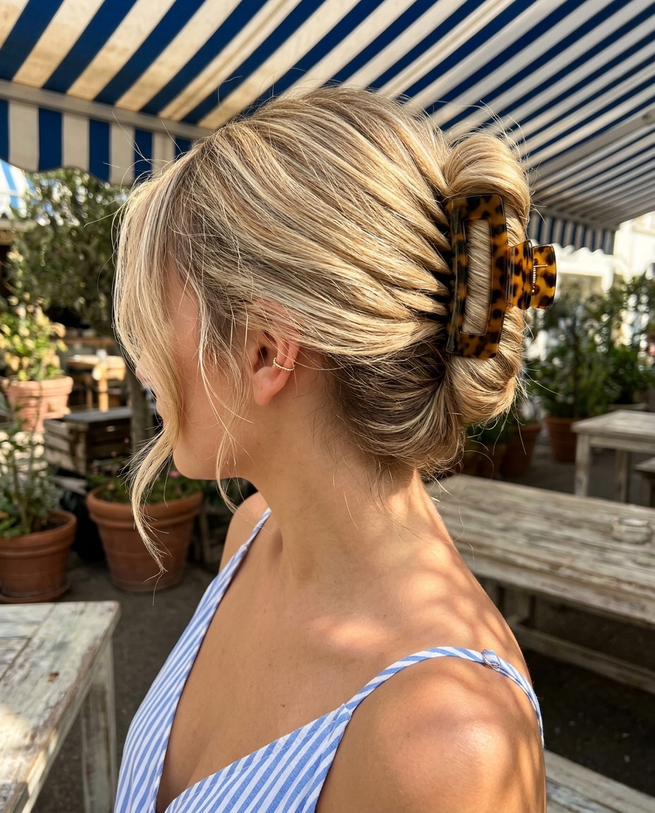 buttercream blonde twisted claw clip updo with face-framing pieces for summer