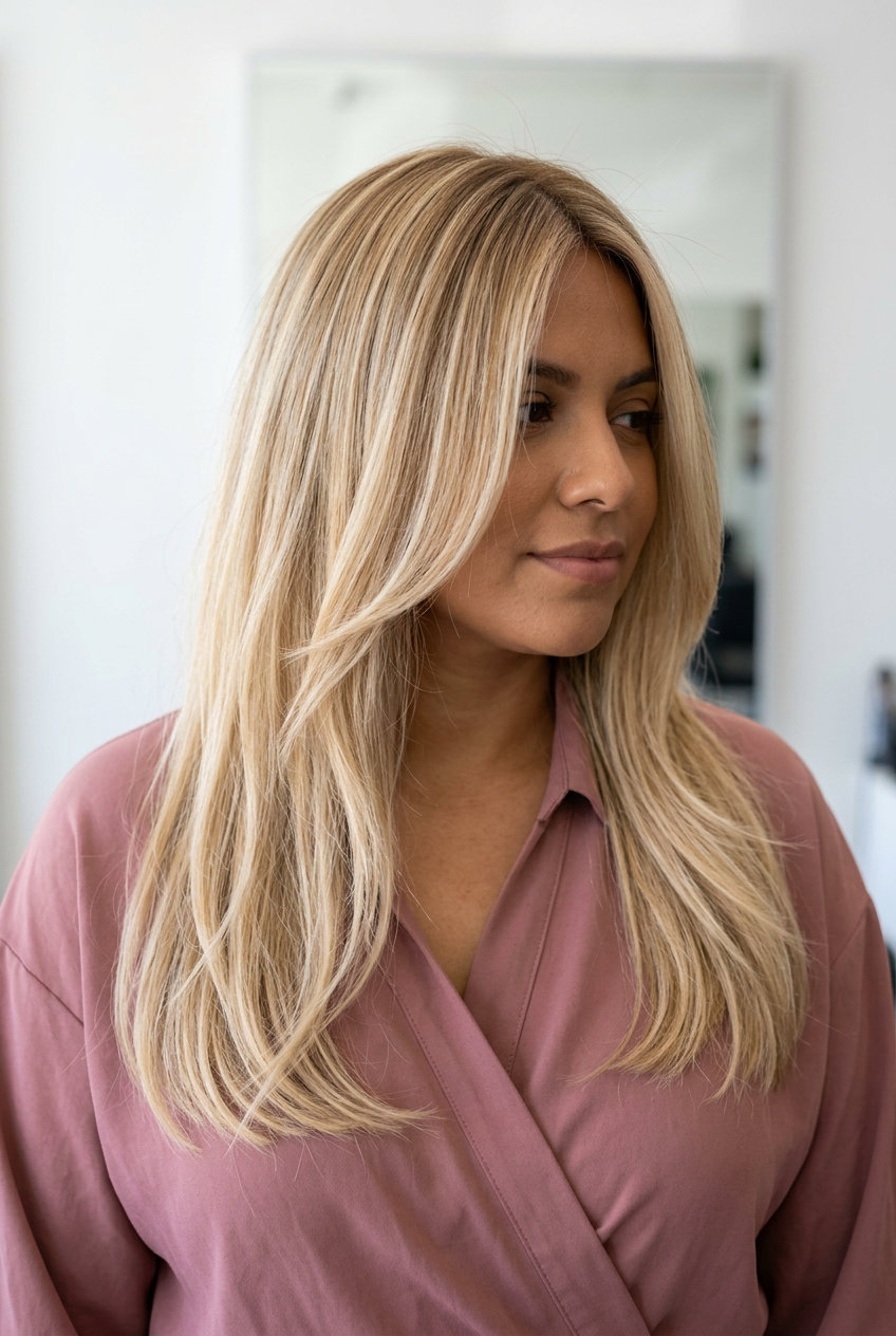 Ghost Layered Cut: Luminous Blonde Summer Hair 2026 waist-length layered haircut with buttercream blonde, ghost layers for summer 2026