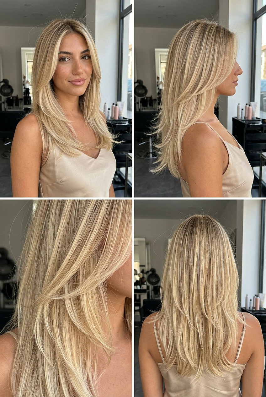 Sun-Kissed Buttercream Halo: Summer Hair 2026 collarbone-length layered haircut with buttercream blonde balayage for summer 2026