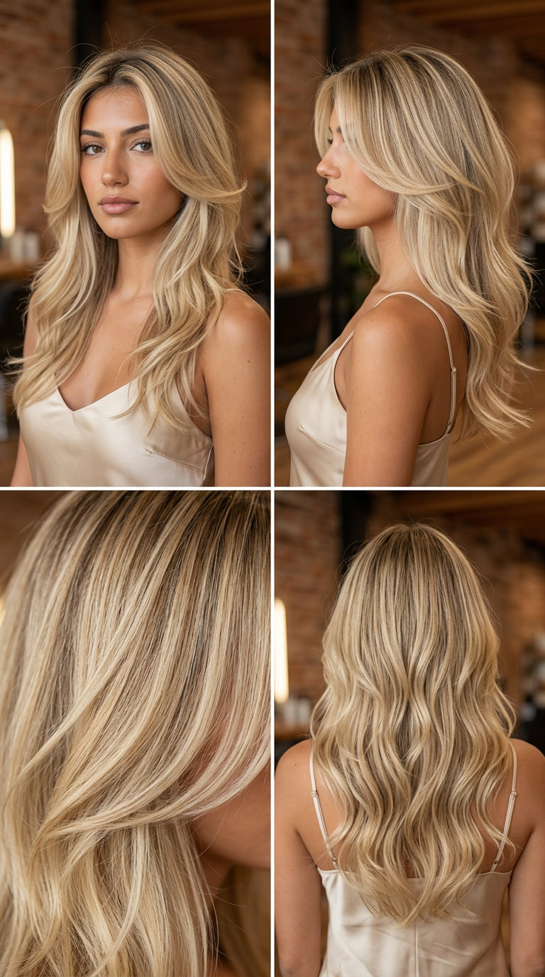 long layered haircut with buttercream blonde, golden babylights, face-framing layers — glamorous volume