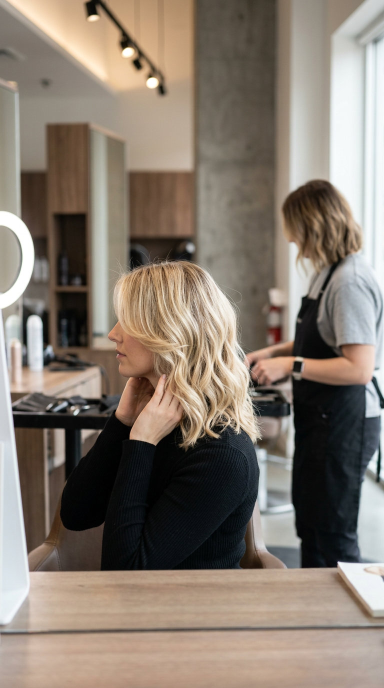 medium layered haircut with buttercream blonde, honey babylights, 'c' shaped layers — effortless chic