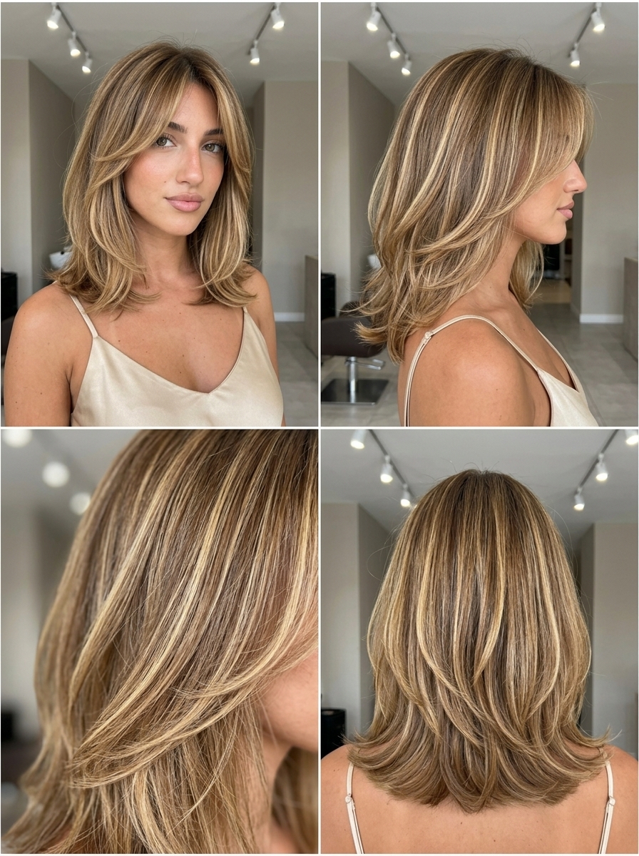 Buttercream Wave Midi Haircut 2026 medium layered buttercream blonde haircut with golden brown base, foilayage, curtain bangs — playful, sun-kissed