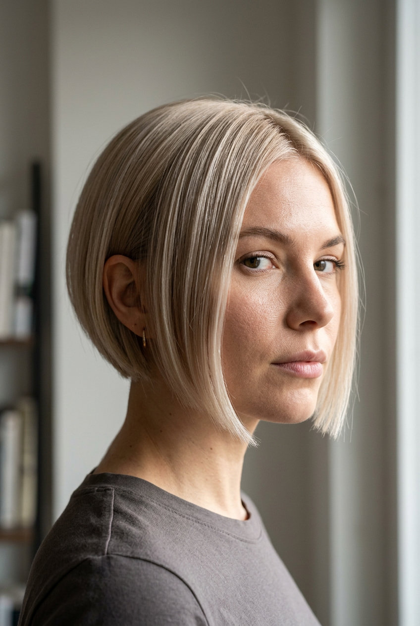 very short bixie haircut in buttercream platinum with blunt fringe and sharp taper for professional events