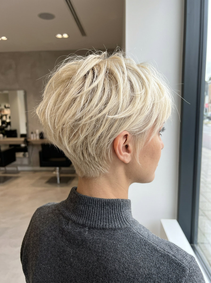 very short bixie haircut in warm buttercream platinum blonde, soft vanilla root shadow, textured layers — edgy effortless style
