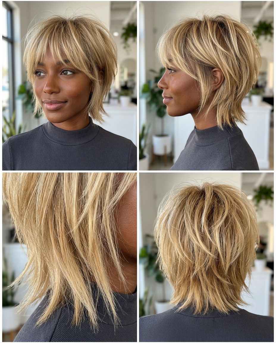Buttercream Blonde Shag 2026 short buttercream blonde shag with honey babylights, textured layers and wispy bangs