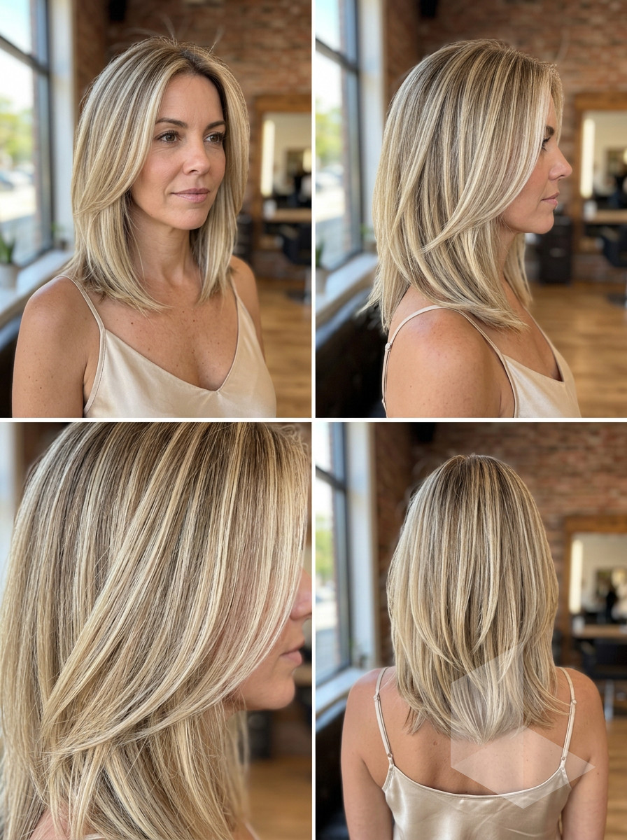 shoulder-length lob haircut in buttercream blonde with babylights, soft angled front for date night