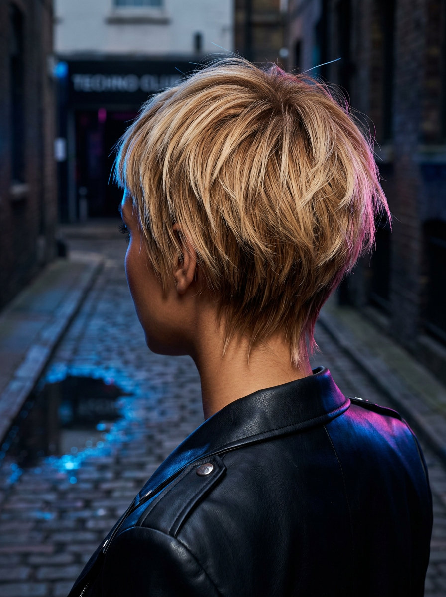 very short buttercream balayage wolf cut with blunt micro-fringe for edgy high-fashion looks
