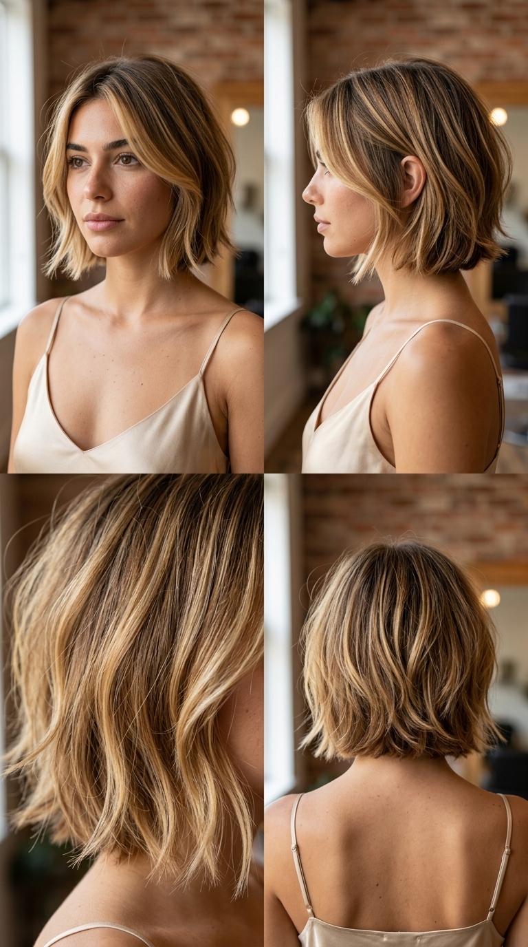 Choppy Summer Bob 2026: Butterscotch Balayage short choppy bob haircut with warm butterscotch balayage, textured layers, no fringe — sun-kissed romance