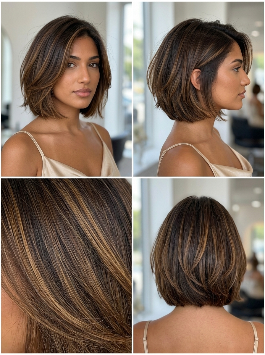 Caramel Swirl Choppy Bob 2026 short choppy bob haircut with caramel balayage, soft layers, and side part for summer 2026