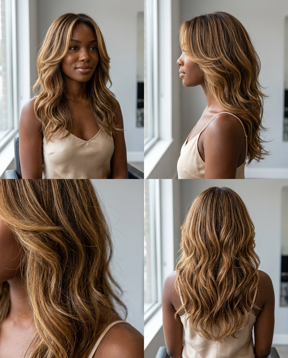 20-24 inch layered butterfly haircut in caramel balayage with golden blonde accents, sweeping face-framing layers for summer
