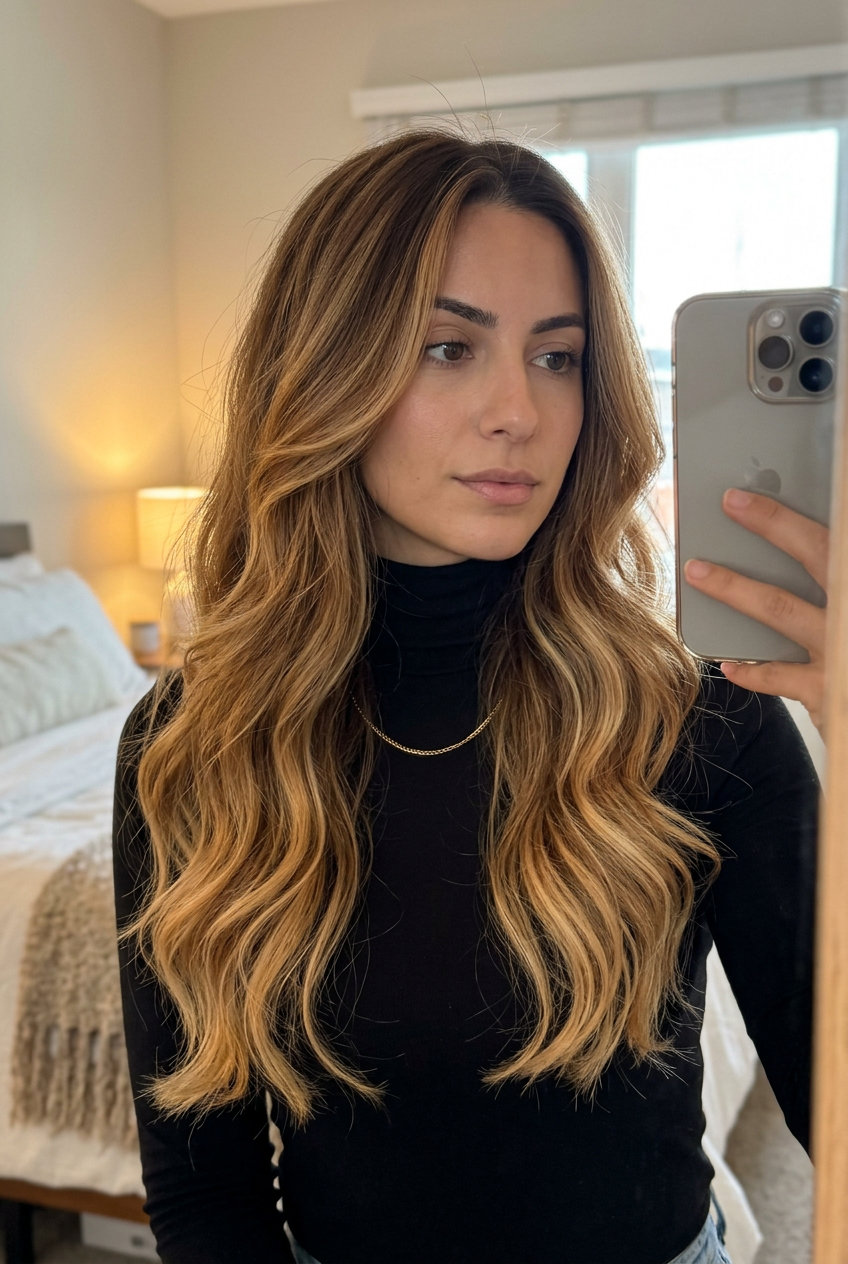 long layered haircut in caramel honey balayage with golden blonde ends for evening event