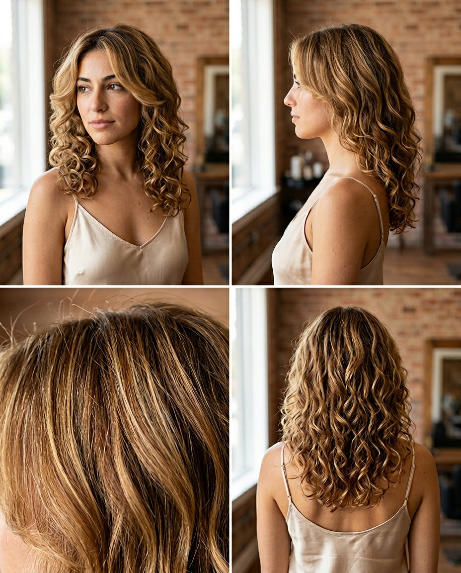 medium-long curly honey blonde hair with caramel lowlights and rounded layers for volume