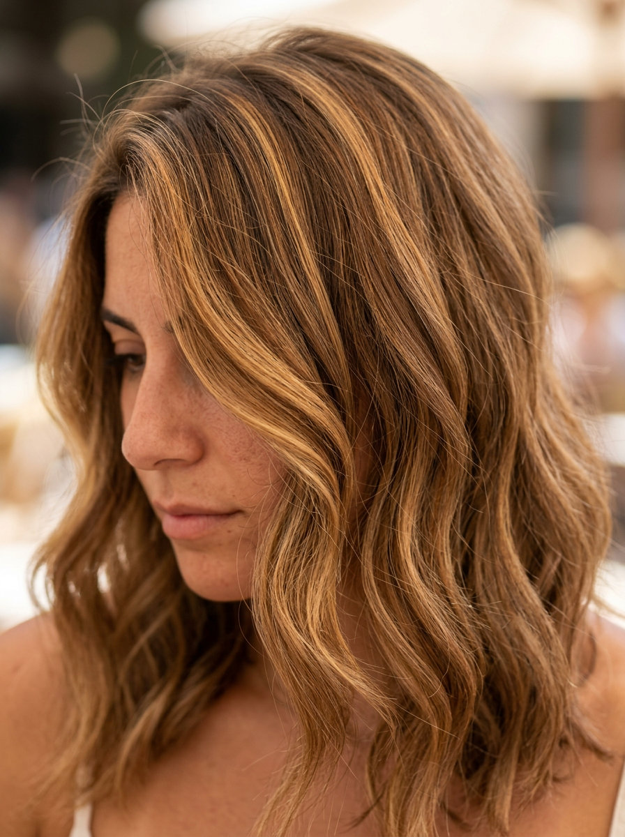 Caramel Ribbons on Light Brown Hair 2026 long layered light brown with caramel ribbons, bold golden honey, foilyage technique — playful