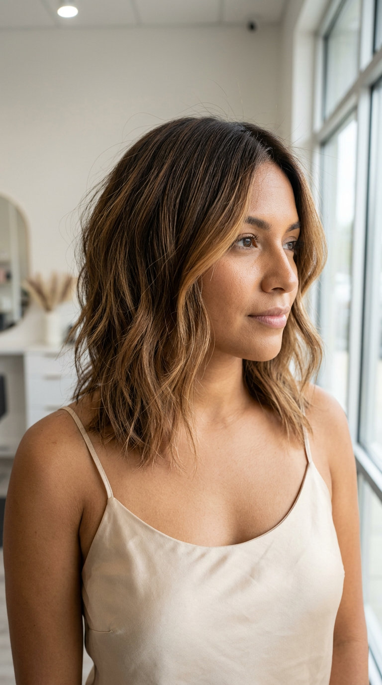 Caramel Swirl Balayage Brunette 2026 long layered cut with caramel swirl balayage and sun-kissed highlights