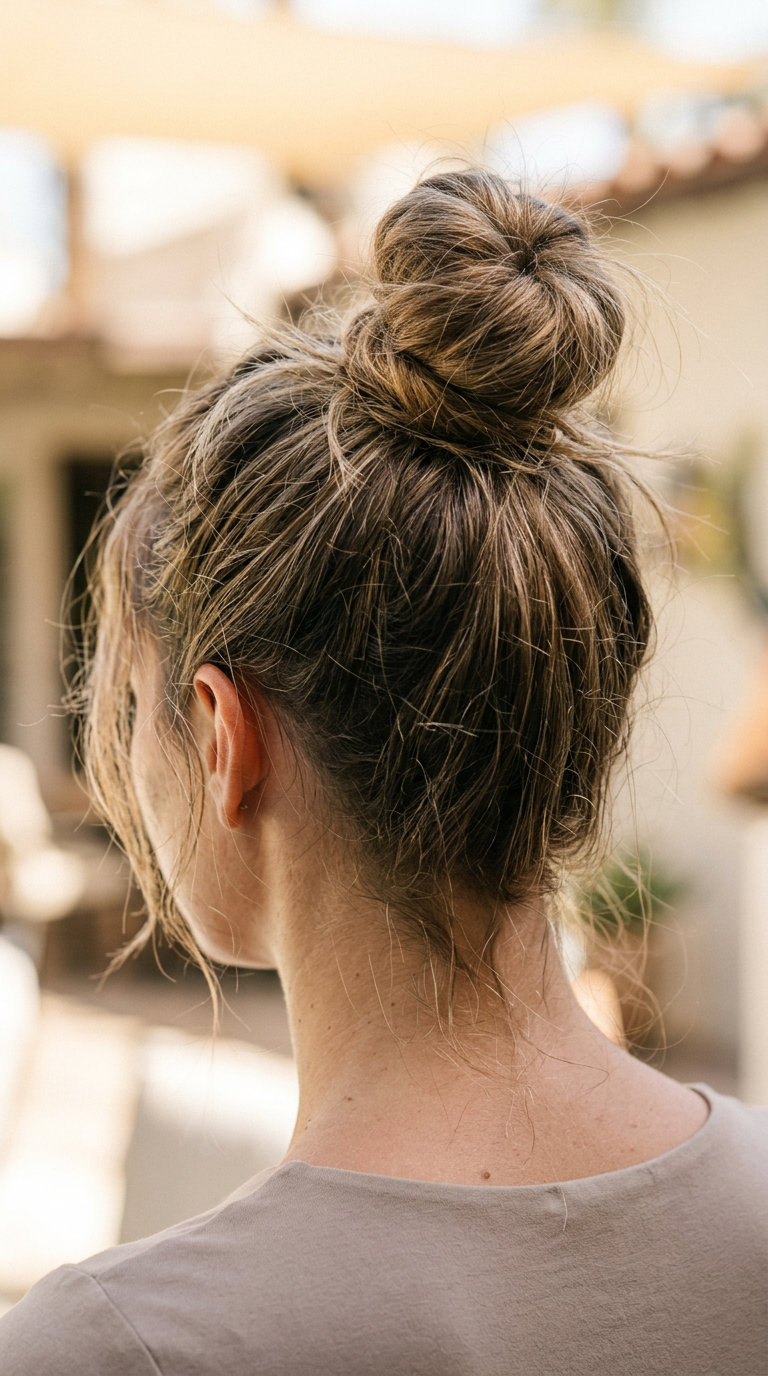 long messy top knot with warm caramel color, textured & wispy pieces for weekend brunch