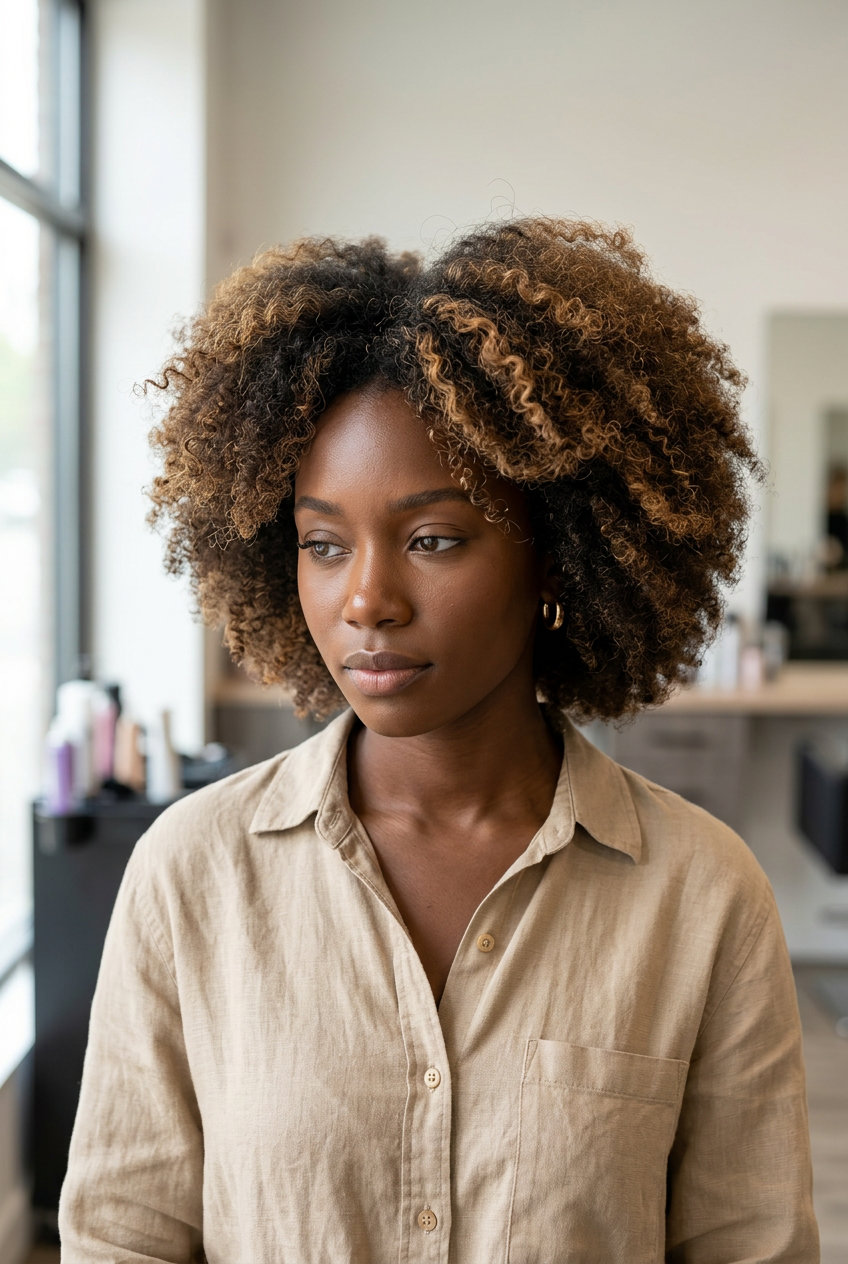 medium warm caramel afro with golden mocha balayage and internal layering for natural look