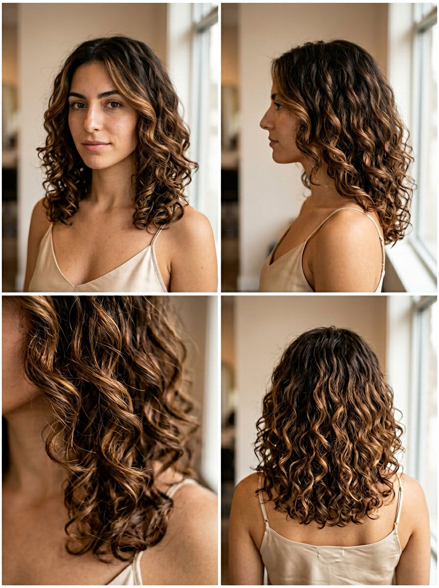 medium curly cut ombre with chocolate brown, caramel, golden honey, Pintura technique for summer