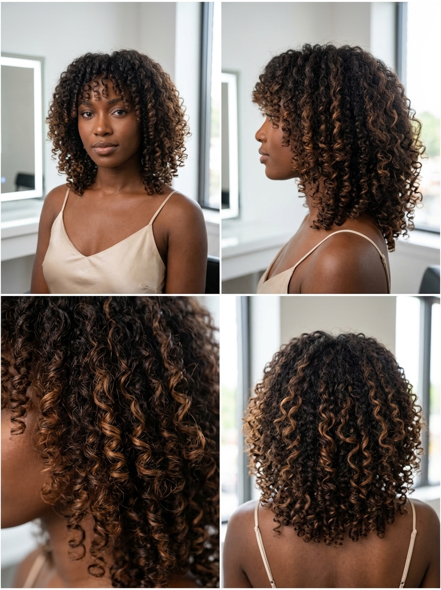medium curly cut ombre with deep brunette, caramel, golden honey, Pintura technique for summer
