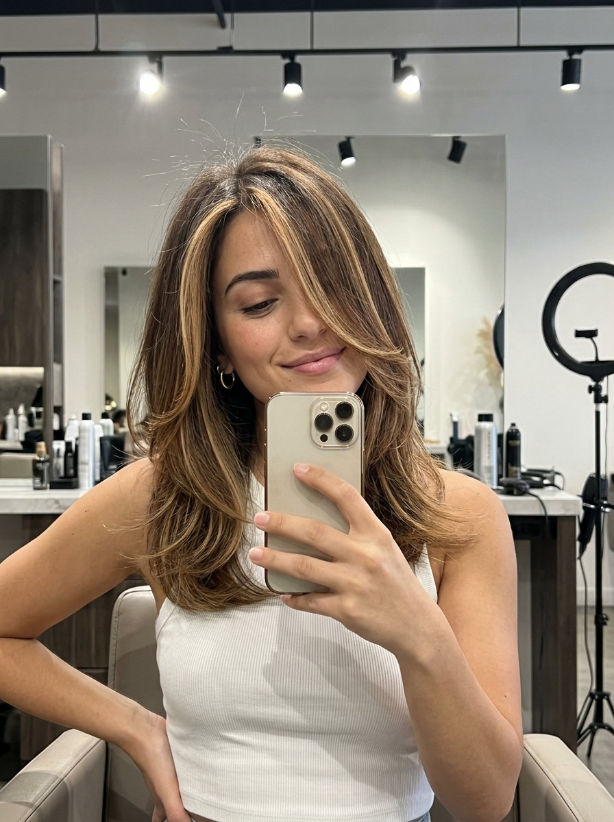caramel swirl money pieces on medium brunette, warm golden highlights for summer 2026