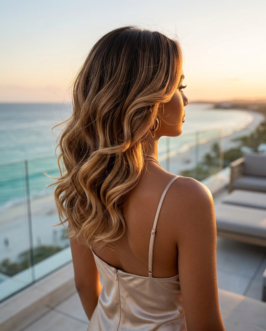 caramel ombre waves with warm blonde tips rich brunette roots and romantic glamour