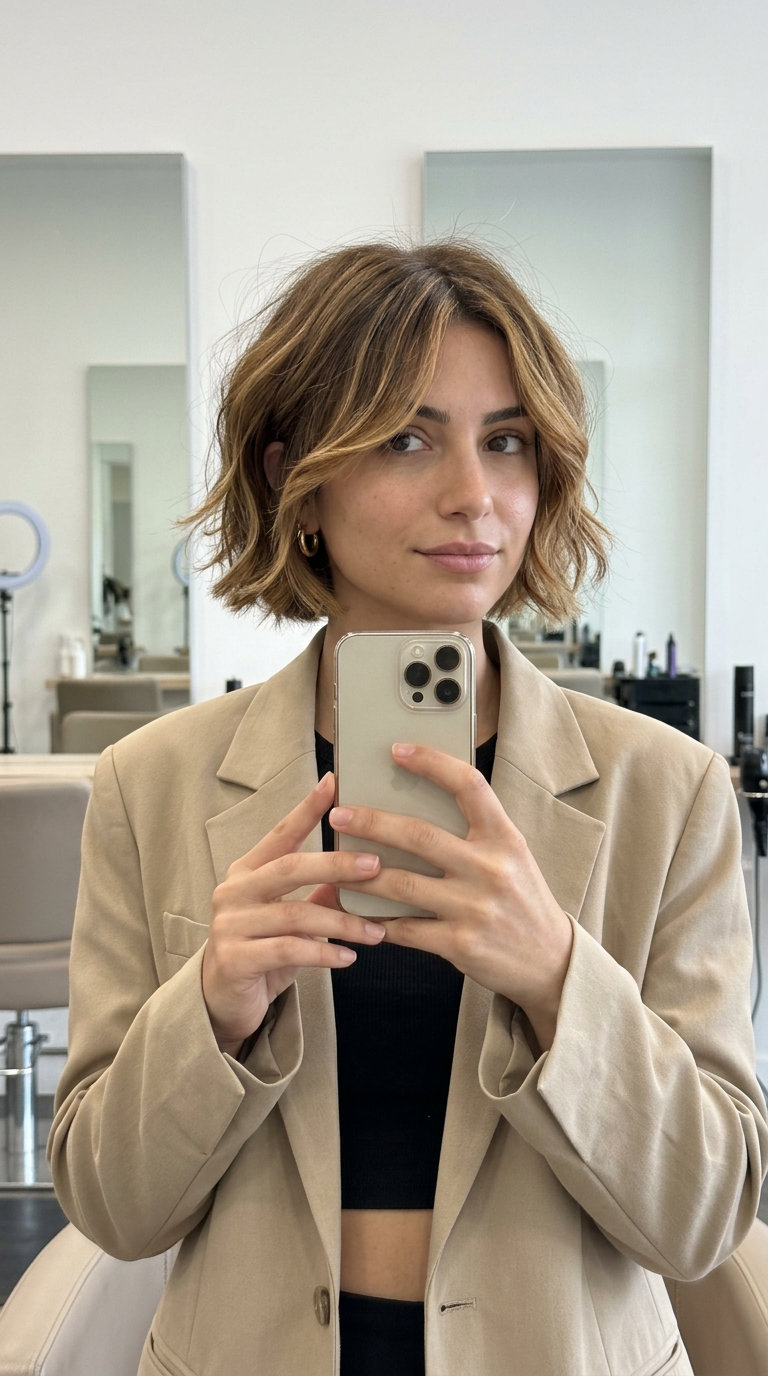 short shag haircut with caramel balayage, face-framing layers, no fringe — effortless