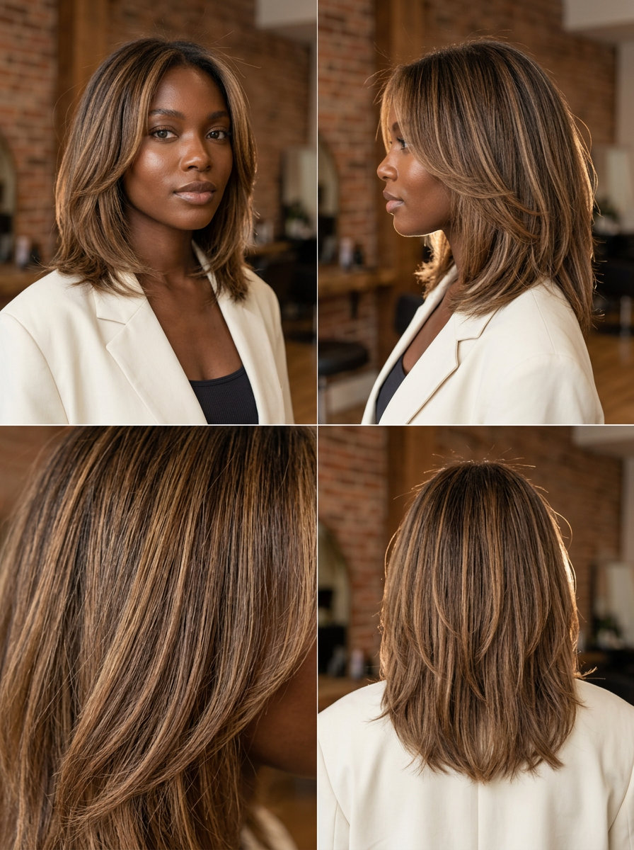 shoulder-length creamy caramel lob with warm mocha balayage and face-framing pieces