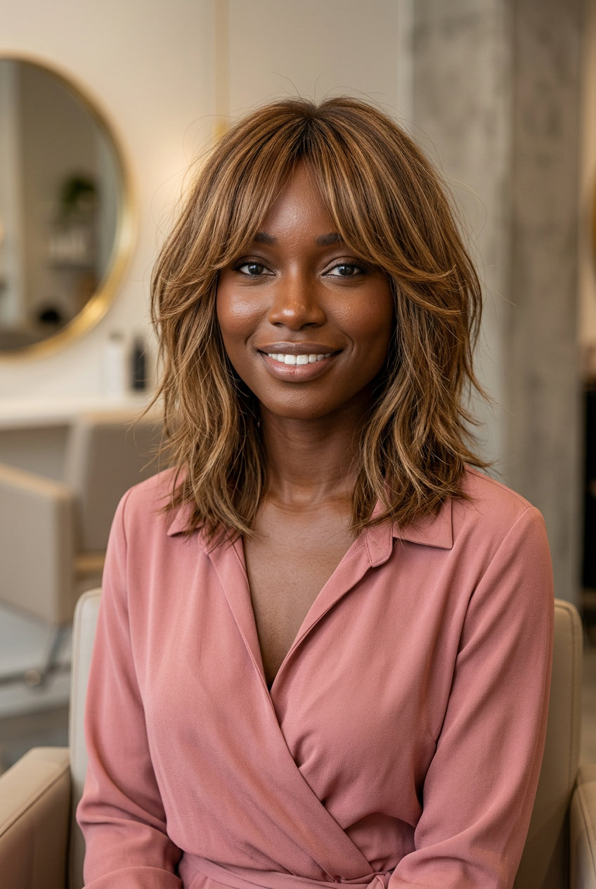 shoulder-length shag lob with caramel highlights and curtain bangs for summer