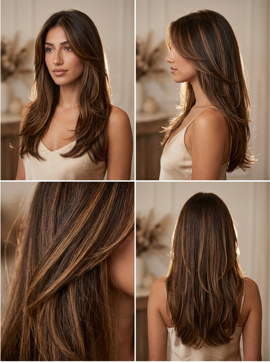 long deep chocolate with caramel ribbon highlights, face-framing money pieces for glamour