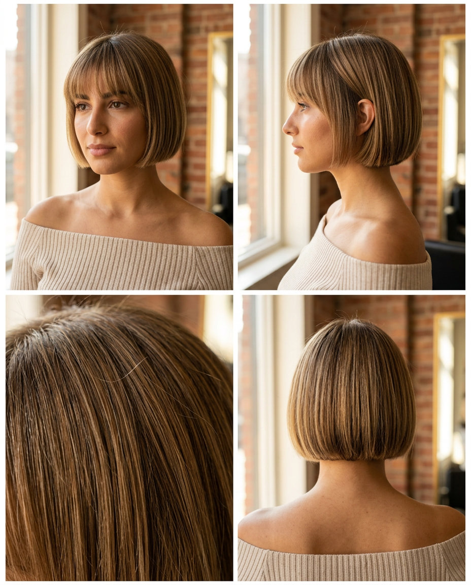 ultra-short blunt bob with caramel lowlights and French fringe for summer