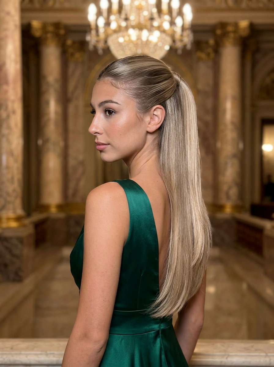 long neutral champagne blonde half up half down with high-shine glaze, blended root smudge, sleek center part — elegant formal event