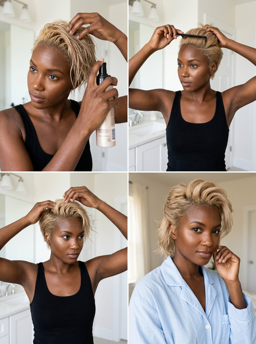short neutral champagne blonde pixie haircut with textured layers, swept back top, razored sides — playful casual outing