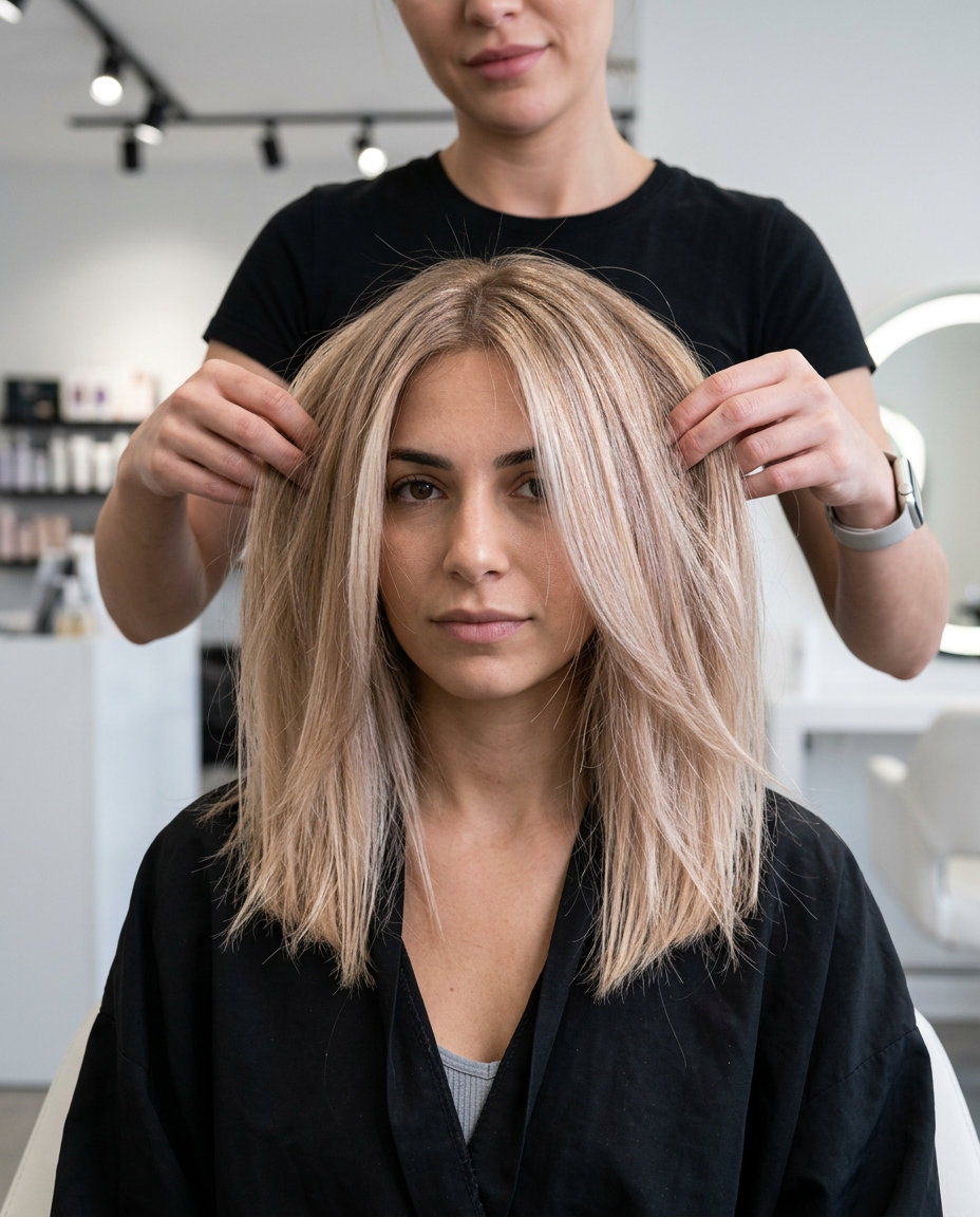 long champagne blonde color melt with rose gold tones, babylights, and root smudge for summer 2026