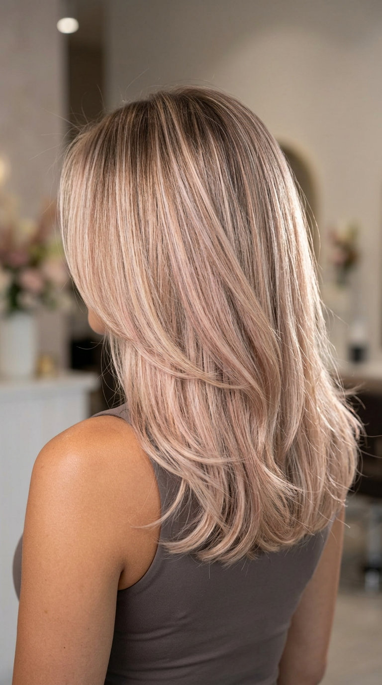 long champagne blonde color melt with rose gold tones and dark vanilla root for summer 2026