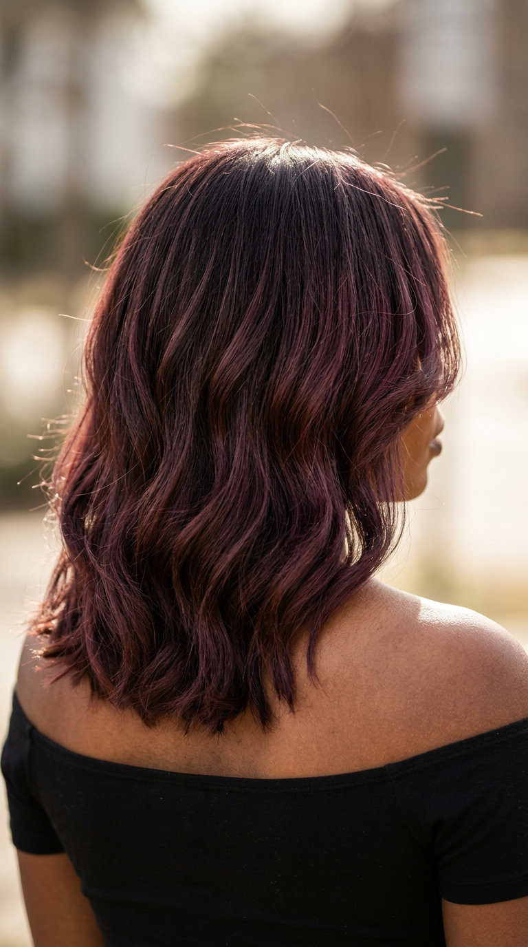 Cherry Chocolate Color Melt Brunette 2026 long layered brunette hair with cherry chocolate melt, violet-red undertones for summer
