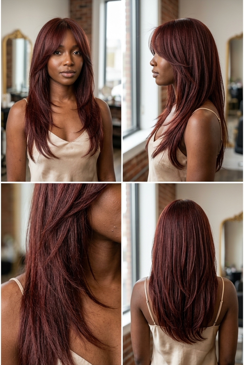 medium-long textured cut in deep cherry cola auburn with cool cherry tones, shattered layers, curtain bangs—edgy & glamorous