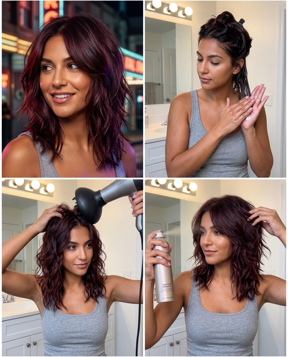 above-shoulder textured layers deep cherry cola brunette with red violet undertones for date night
