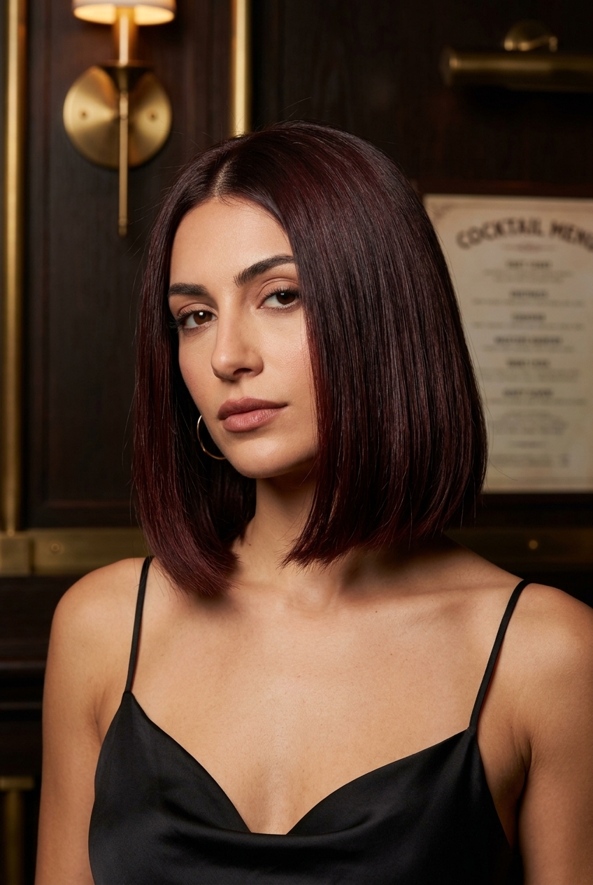 chin-length cherry cola brunette bob haircut with red undertones, blunt cut for summer