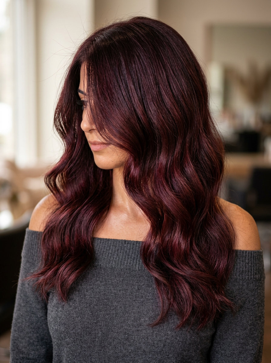 long deep brunette with red-violet tint, face-framing layers for romantic waves