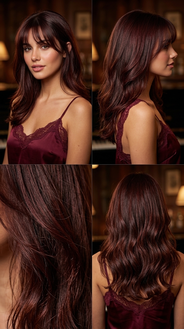 long layered hairstyles with deep cherry cola brunette, subtle violet undertones, wispy Birkin bangs — romantic date night look