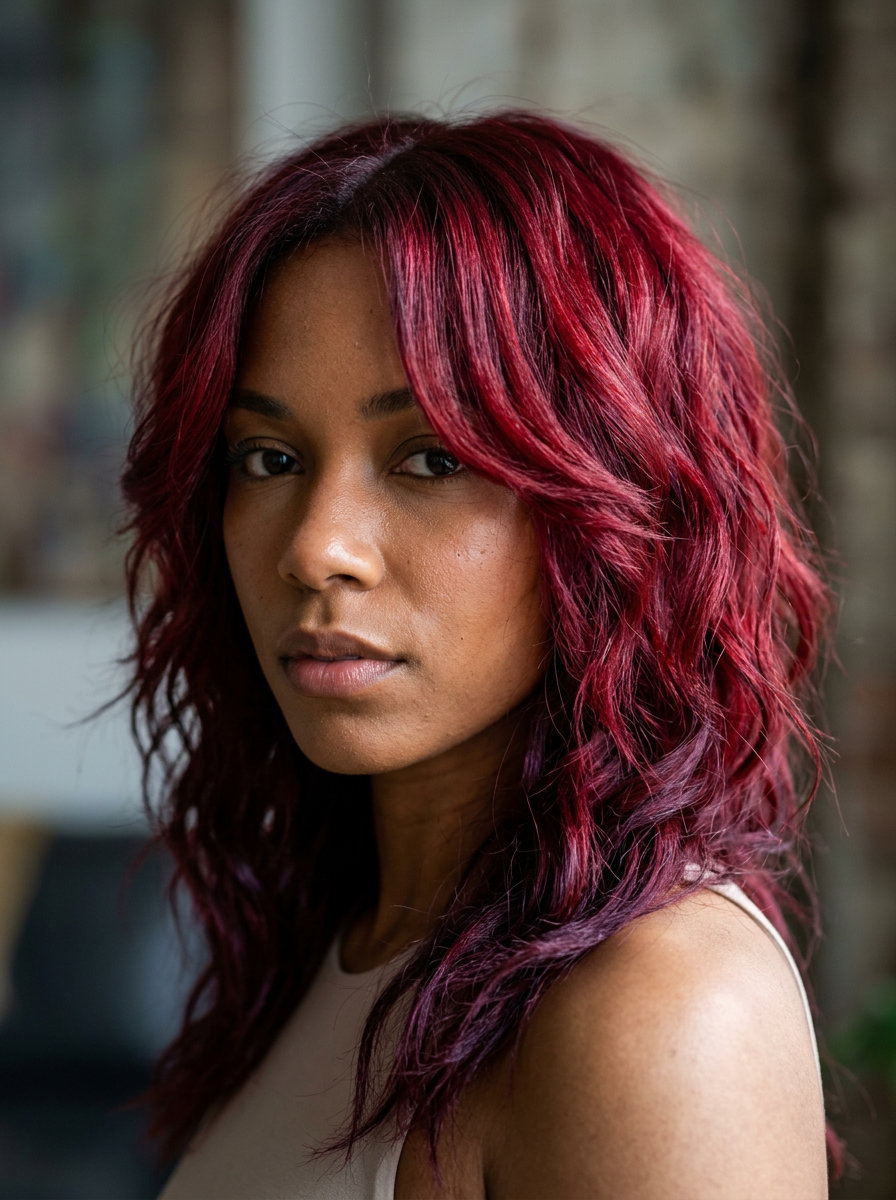 long layered cherry cola with face-framing layers and piecey waves for summer