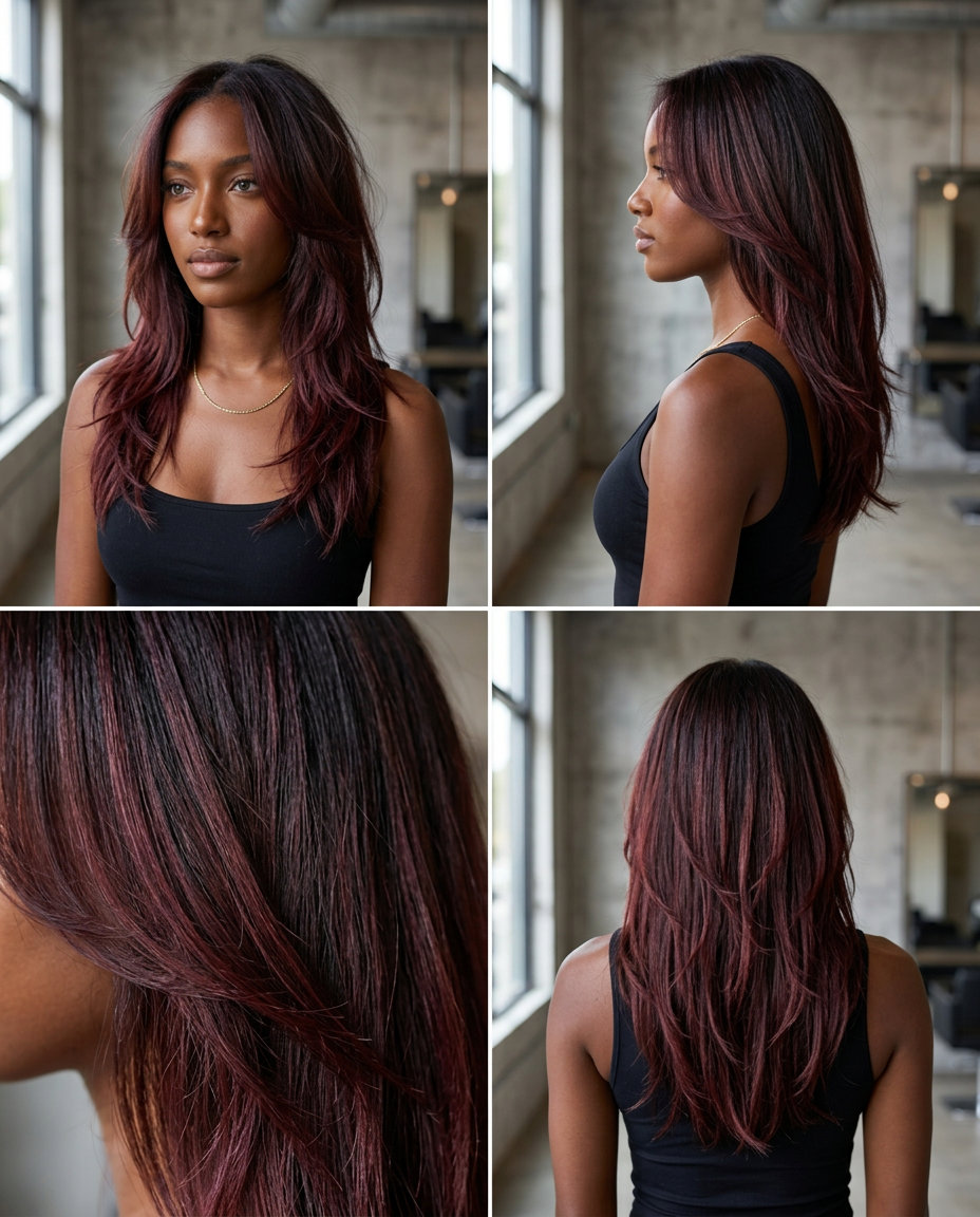 long layered face-framing haircut in deep brunette with red-violet reflects