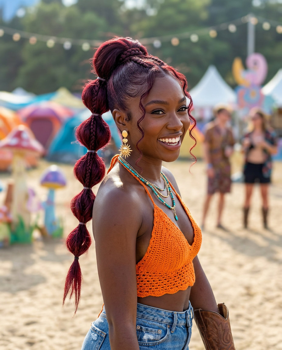 long cherry cola bubble ponytail with violet undertones and accent braids for festival